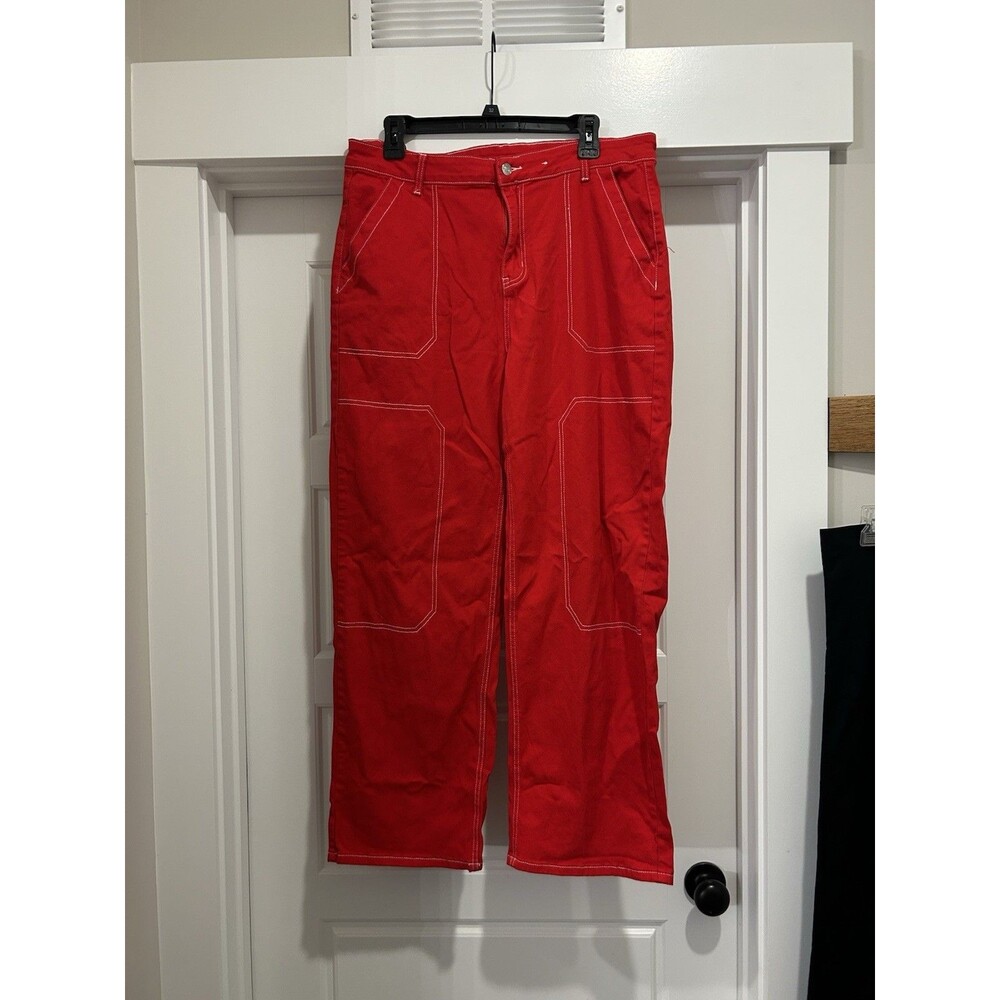 Women Straight Leg Stretch Jeans Size 16 Red Denim Mid Rise Game Day USA Preppy